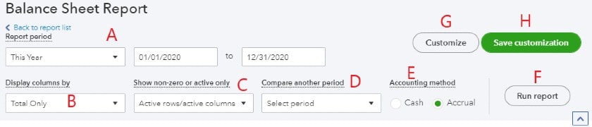 QuickBooks Balance Sheet: Set Options for the QuickBooks Balance Sheet Report